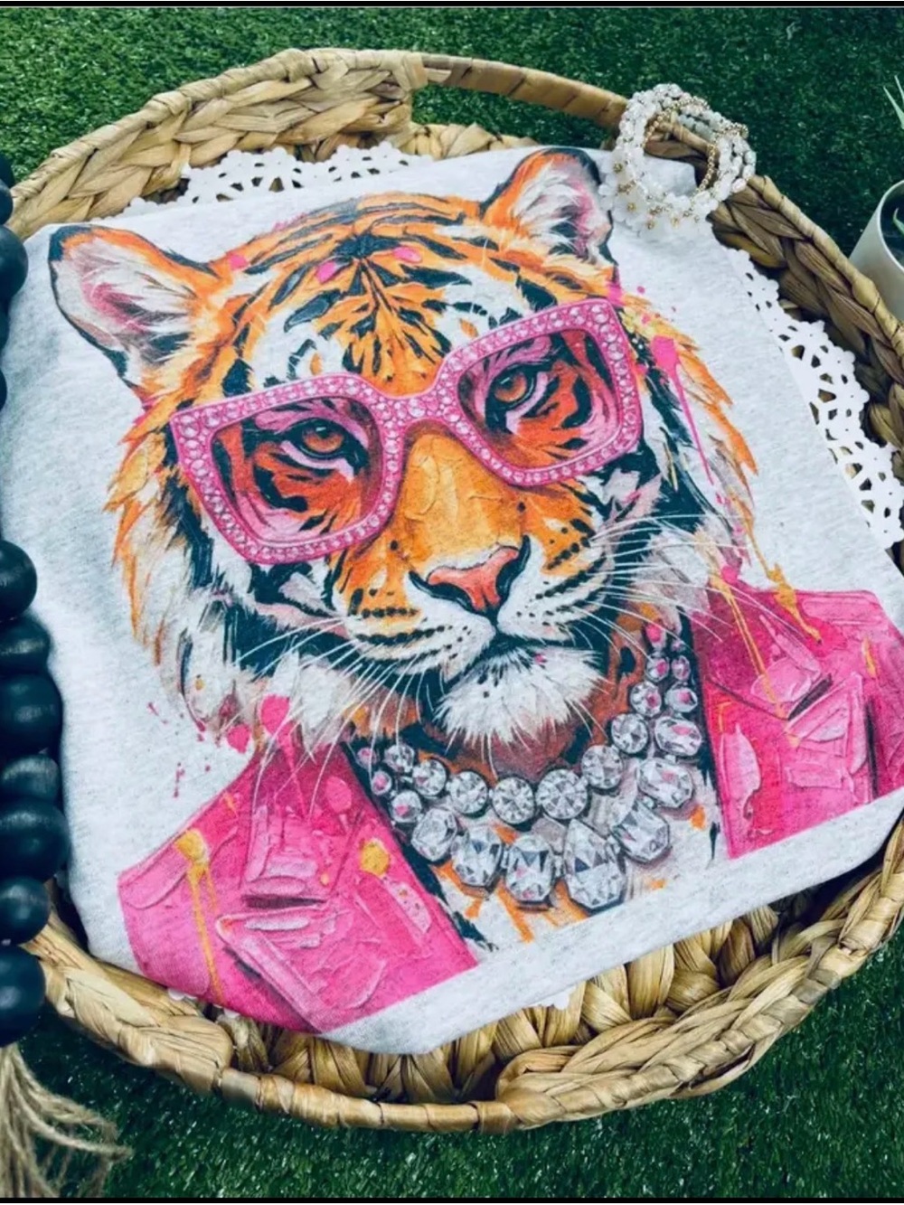 Glitz glam tiger leopa bling necklace vintage washed graphic tunic top shirt
